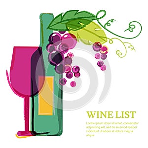 Wine bottle, glass, pink grape vine, watercolor illustration. Ab