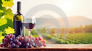 Wine bottle and glass of red wine on vineyard background.