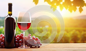 Wine bottle and glass of red wine on vineyard background.