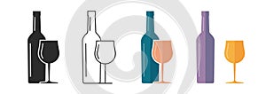 Wine bottle and glass shape silhouette icon vector simple graphic image set flat cartoon, wineglass black white line outline solid