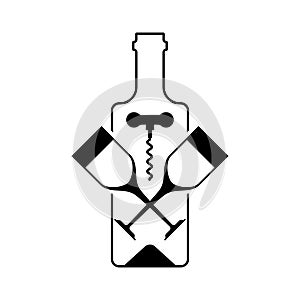 Wine bottle and glass sign. Corkscrew symbol icon