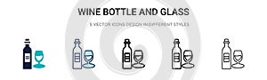 Wine bottle and glass sign icon in filled, thin line, outline and stroke style. Vector illustration of two colored and black wine