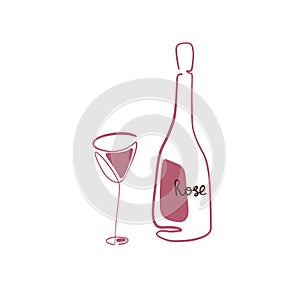 Wine bottle and glass, vector line art. Rose wine