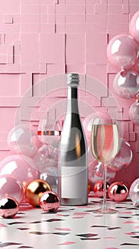 Wine bottle and glass of white wine placed on top of pink background. A party atmosphere is created by presence of