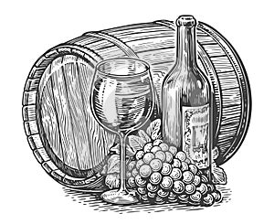 Wine bottle, glass of wine and wooden barrel. Vintage sketch vector illustration engraving style