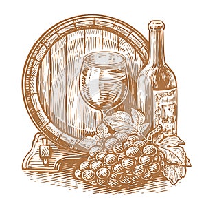 Wine bottle, glass and wooden barrel. Winery, vineyard sketch. Vintage vector illustration