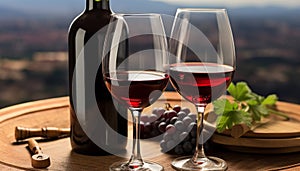 Wine bottle, grape, wineglass, table, winery, generated by AI