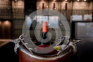 Wine bottle in ice bucket. Wine bottle in bucket with ice. Champagne bottle in ice bucket