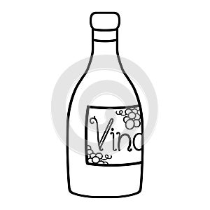 Wine bottle with label outline illustration on white background