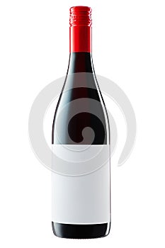 Wine bottle with label and red wine isolated on white background with clipping path