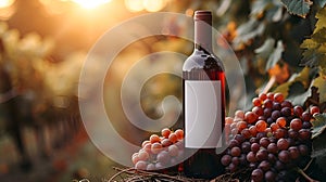 Wine bottle with label space in sunlit vineyard. Mock-up, copy space