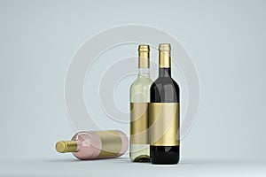 Wine Bottle Mock-Up - Three Bottles. Blank gold Label.3d render