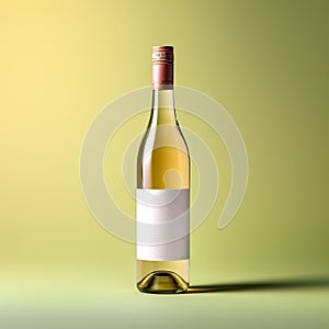 Wine bottle mockup with blank white label, bottle of white grape wine on green studio background, commercial wine label