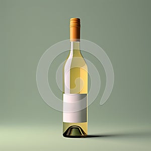 Wine bottle mockup with blank white label, bottle of white grape wine on green studio background, commercial wine label