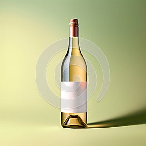 Wine bottle mockup with blank white label, bottle of white grape wine on green studio background, commercial wine label