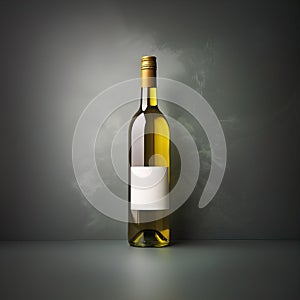 Wine bottle mockup with blank white label, bottle of white grape wine on green studio background, commercial wine label