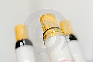 Wine bottle necks with natural cork. Close-up