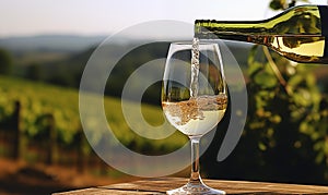 Wine Bottle Pouring Into Glass Vineyard Concept