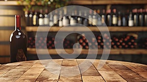 Wine Bottle on Rustic Table with Cellar Background.