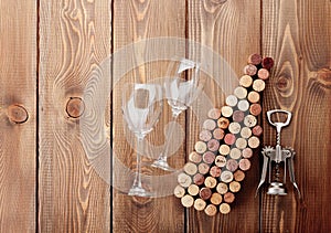 Wine bottle shaped corks, glasses and corkscrew