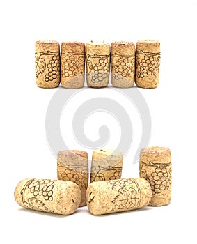 Wine bottle stoppers on white background close-up. Drinks, wallpaper, background, texture, cork tree