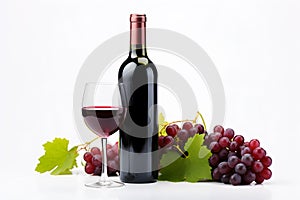 Wine bottle surrounded by wine glass, red grapes and leaves