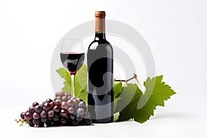Wine bottle surrounded by wine glass, red grapes and leaves on white background