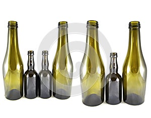 Wine bottle on white background close-up. Glass, vessel, neck, wallpaper, background, texture, alcoholism