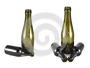 Wine bottle on white background close-up. Glass, vessel, neck, wallpaper, background, texture, alcoholism