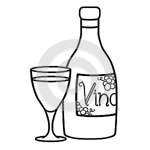 Wine bottle and wine glass outline illustration on white background