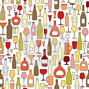 Wine bottle and wine glass seamless pattern. Drink wine background