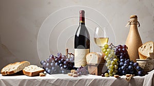 Wine bottle and wine glass still life with grap