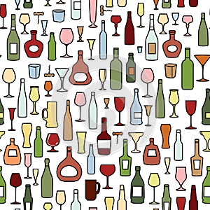 Wine bottle, wine glass tile pattern. Drink wine party background