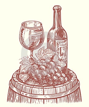 Wine bottle and wine glass on wooden barrel. Winery, vineyard sketch. Vintage vector illustration