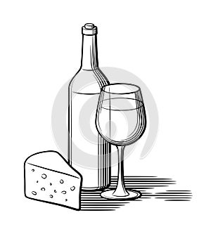 Wine bottle, wineglass and cheese. Black and white