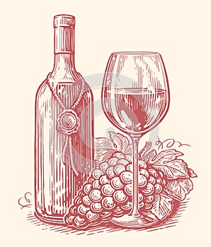 Wine bottle and wineglass, grape. Winery sketch. Hand drawn vintage vector illustration photo