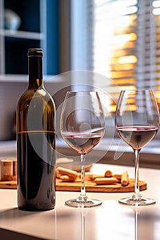 Wine bottle, wineglass, table, drinking glass, wine, generated by AI