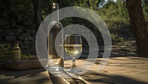 Wine bottle on wooden table, surrounded by nature vineyard elegance generated by AI