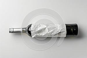 A wine bottle wrapped in white paper, mockup isolated on white background