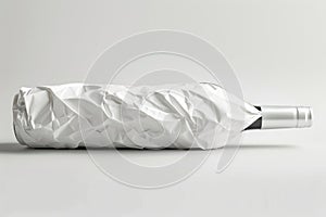 A wine bottle wrapped in white paper, mockup isolated on white background
