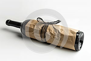 A wine bottle wrapped in white paper, mockup isolated on white background