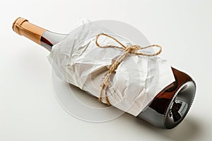 A wine bottle wrapped in white paper, mockup isolated on white background