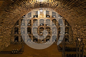 wine bottles in archive cellar, Ezerjo, Hungary