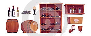 Wine bottles and barrels in winery cellar