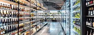 Wine bottles behind glass doors in big wine store or supermarket.