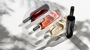 wine bottles casting light shadows on white surface