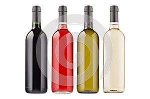 Wine bottles collection different colors isolated on white background, mock up.