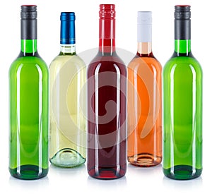 Wine bottles collection in a row white red rose green alcohol drink