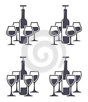 Wine bottles with corkscrew and wine glasses, vector