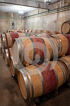 Wine bottles depository in underground cellar, Saint-Emilion wine making region picking, cru class Merlot or Cabernet Sauvignon